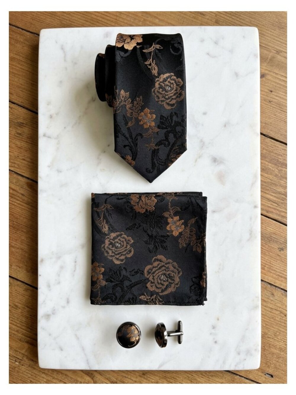 80% Silk Floral Tie Set with Pocket Square & Cufflinks